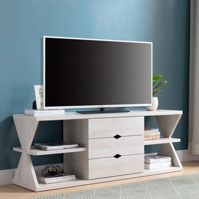 Meuble télé à quatre tablettes et quatre tiroirs en chêne blanc