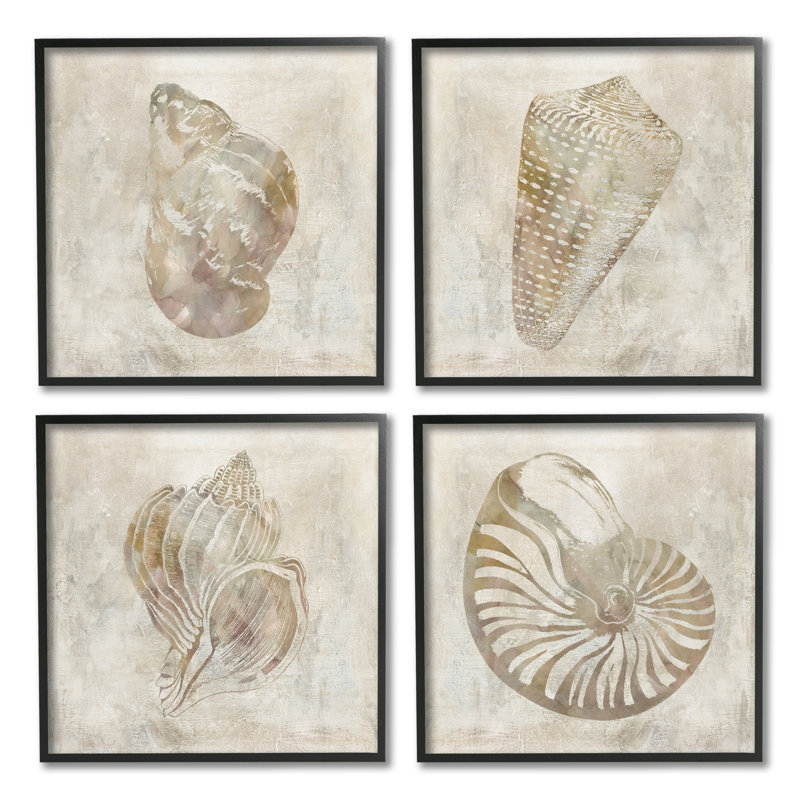 Ensemble de 4 impressions nautiques à motif de coquillages nautiques, Giclée encadrée noir minuit