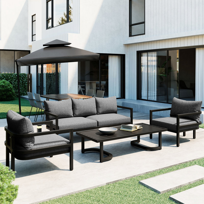 Ustyle Multi Outdoor Steel Arrangement - Waterproof, , Rust. Classy Curved Design For Gardens. Comfortable 5 Sitters. Consists Of 1 Love , 2 Single Sofas, Coffee Table. Black Frame, Beige Cushions.