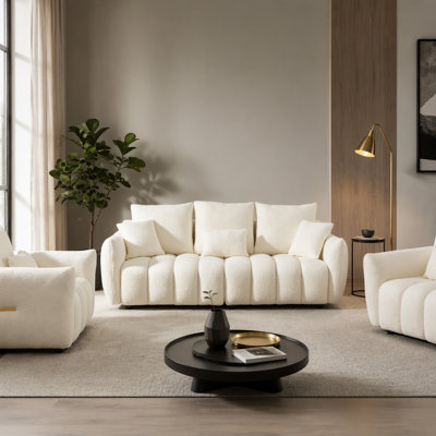 Modern 3+1+1 Seater Teddy Sofa Combo with Wooden Frame and Five Plush Cushions for Compact Living Spaces.