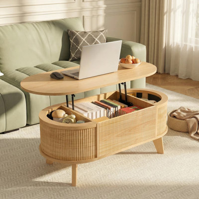Lyra Lift Top Coffee Table with Storage, Modern Oval Wood Coffee Table, Natural Coffee Table for Living Room,38.6"W x 18.9"D x 18.5"H