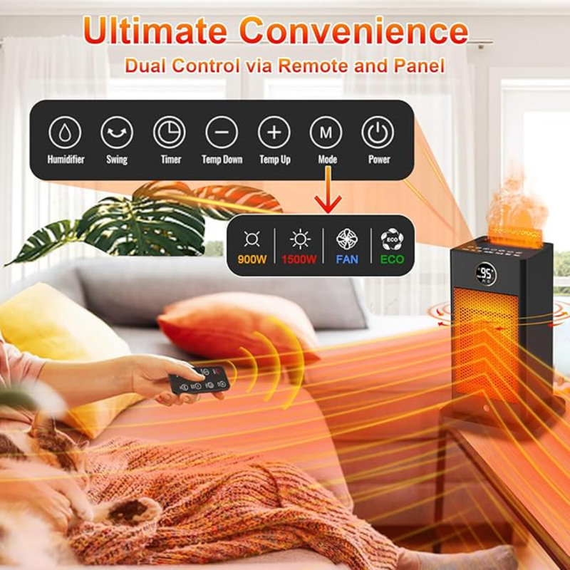 3-In-1 Space Heater- Humidifier/Sensor/ECO,Electric Heater With 90°Oscillating/Thermostat/12H Timer/Dual Control,Space Heater Indoor With 3D Flame Ambiance/Heater Heat Up 260 Sq.Ft(Obsidian Black)1