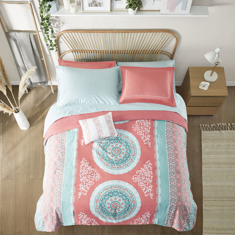 Édredon pour lit simple et drap - grand médaillon en corail, microfibre douce, avec coussin décoratif à motif corail, literie confortable et tendance