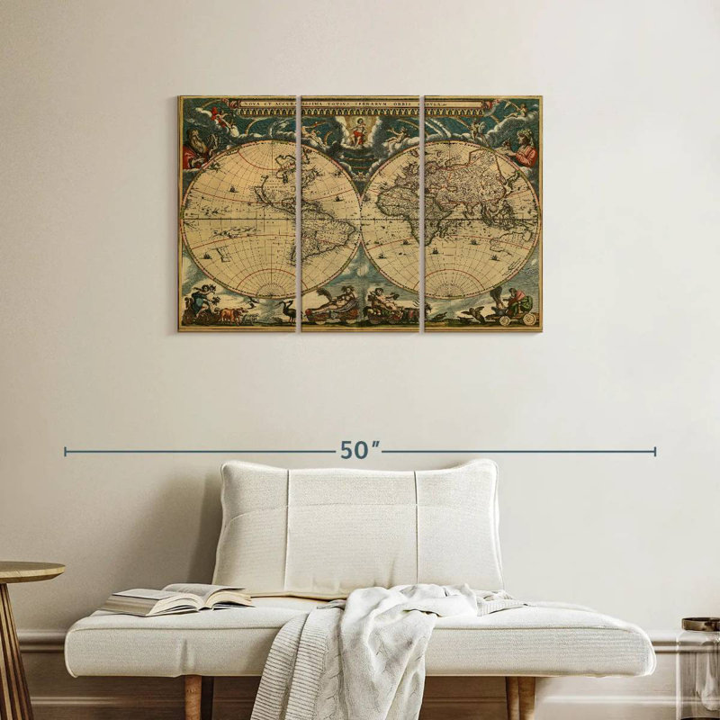 Carte du monde Aliaz des années 1600, H 24 po x l 38 po