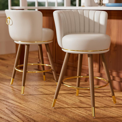 Set Of 2 Modern Swivel Counter Bar Stools With Leather Upholstery, Backrest, Wood Legs, And Footrest, White
