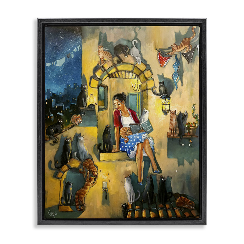 «Window Window with Cats Floater», art mural sur toile par Ronald West, Cadre flottant noir de jais, H 21 po x l 17 po