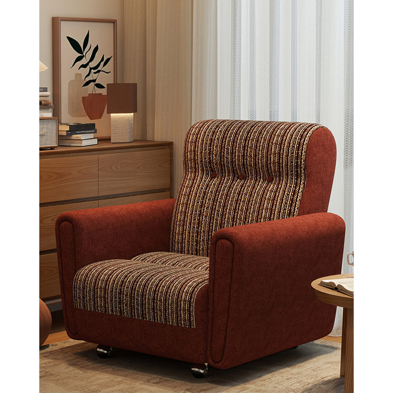 Fauteuil d'appoint en bois massif de style rétro avec patchwork rayé et roulettes pour le salon et la chambre à coucher