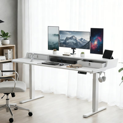 Bureau debout électrique à hauteur réglable avec tiroirs pour le bureau personnel, table de jeu avec tablette de rangement et 4 hauteurs préréglées
