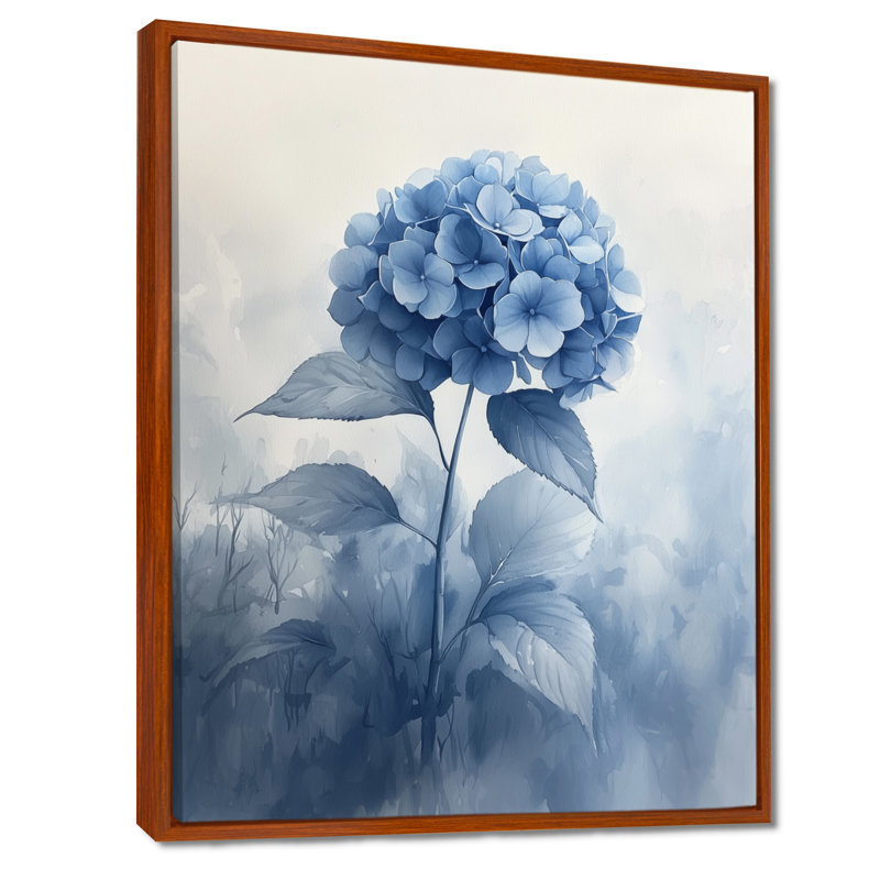 «Blue Hydrangeas In The Mist Dream II», art mural hydrangées, Brun, Impression encadrée flottante, H 32 po x l 16 po