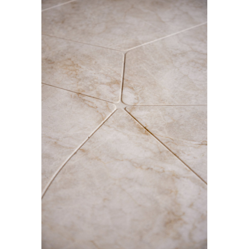 Cena dining table - varnished teak - dark brown - engraved beige quartzite top - round, White/Brown