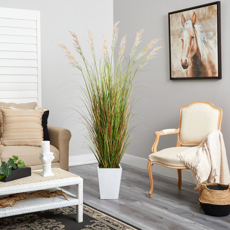 Faux Wheat Grass in Metal Planter, 74" H x 25" W x 25" D, Yellow
