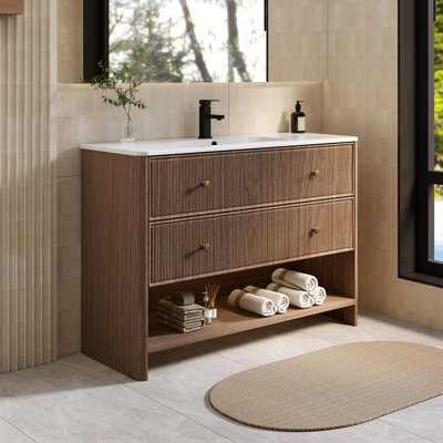 Alexie 48" Modern Farmhouse Freestanding Single Bathroom Vanity with Sink Top, Large R-corner, Soft-Close Undermount Drawers, Brushed Brass Knobs