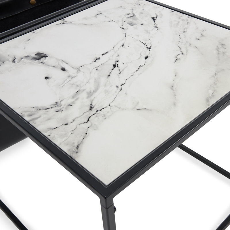 ClickDecor Wilson Modern Accent Side Table with Marble Top, Faux Leather Magazine Holder Sling, Industrial Rectangle Metal Frame, White