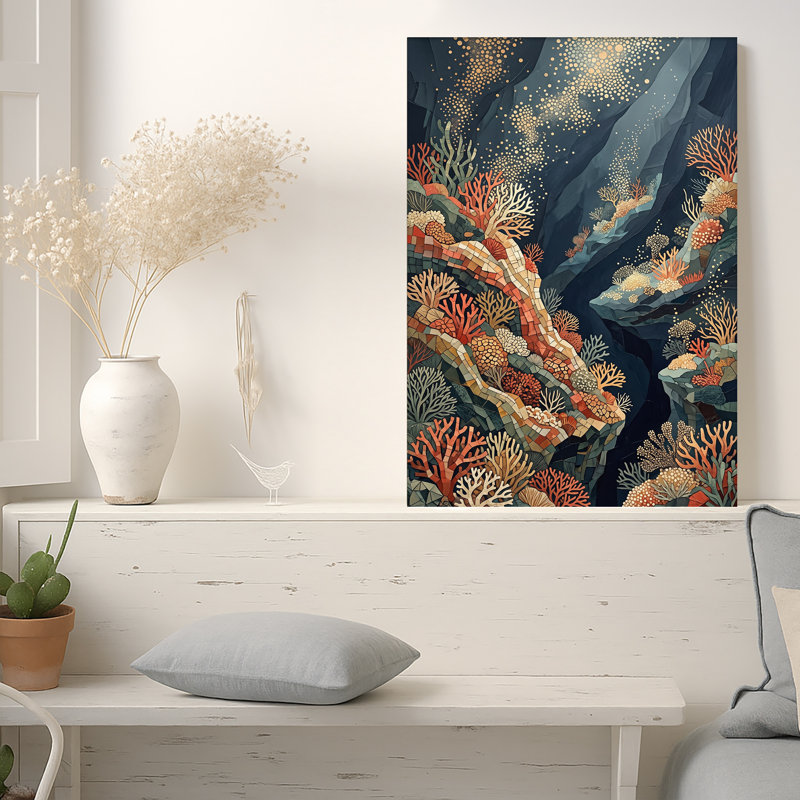 Toile orange avec motif de mosaïque de corail, 48"H x 32"W