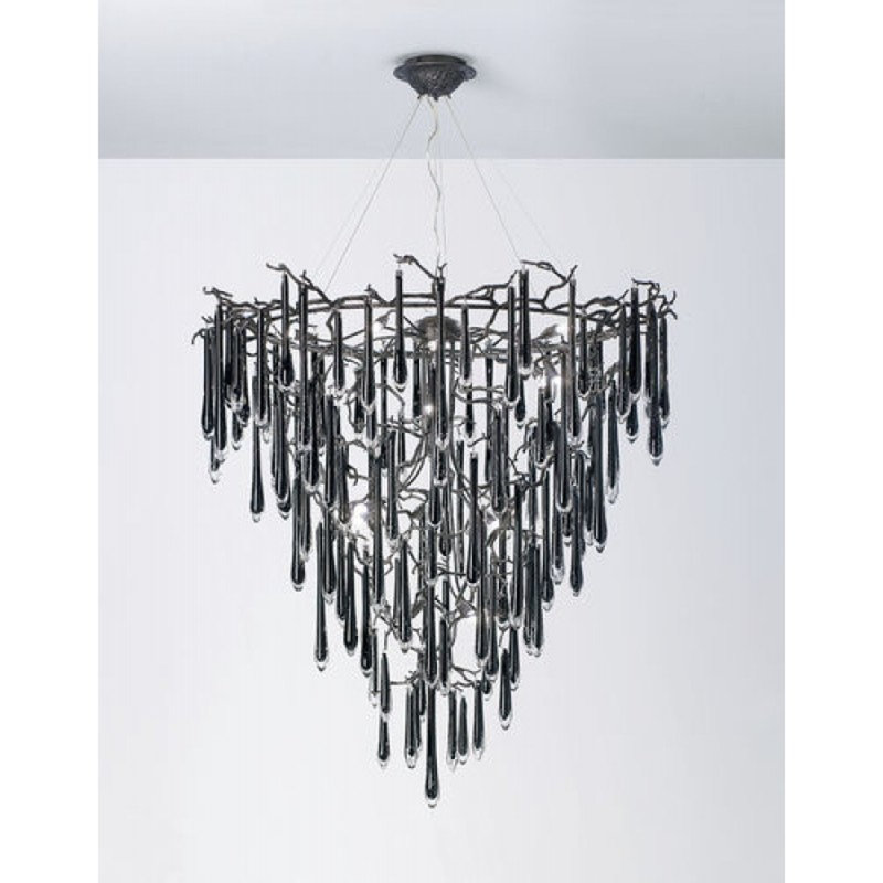 Lustre suspendu en bronze coulé à 9 lumières, Fumée, Feuille d’or, 55 po de largeur x 62 po de hauteur