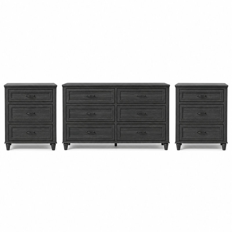Cynthiana 3-Piece Bedroom  Set with 6-Drawer Double Dresser and Two 3-Drawer Chests, Charcoal