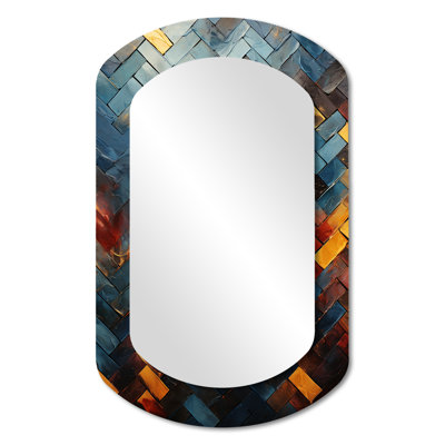 Yellow and blue abstract cubist tiles - Tile Cylinder Mirror, Yellow Asymmetrical Unique Wall Mirror, Printed Metal Art