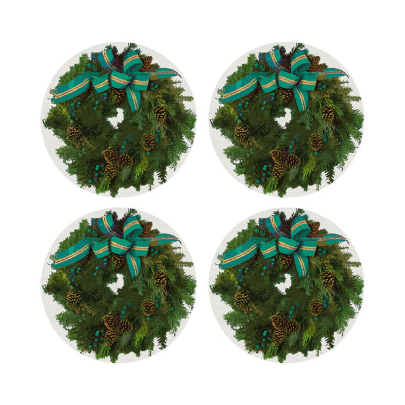 Christmas Wreath Vegan Leather Round Pebble Placemat, White Verdigris