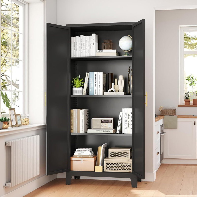 61" Black Metal Storage Cabinet With Shapely Doors & Adjustable Shelves – Spacious Storage For Bedroom Or Living Room, Black