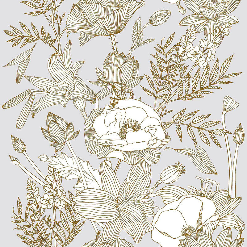 Papier peint adhésif Lotus Lily, Doré métallique / gris
