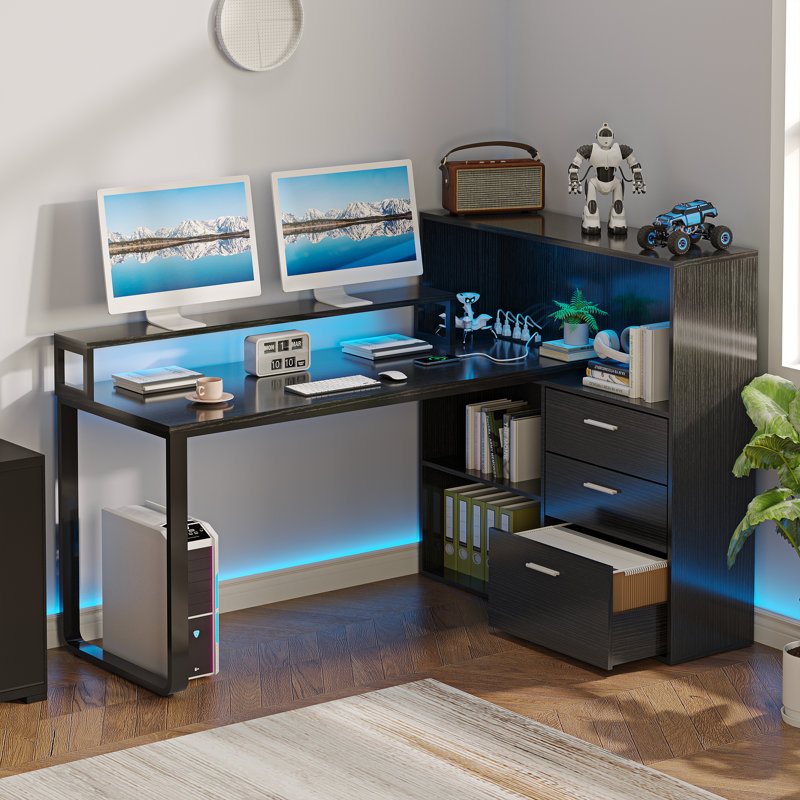 L Shaped Desk With Bookshelf and  Drawer, Corner Desk with LED Lights, Black