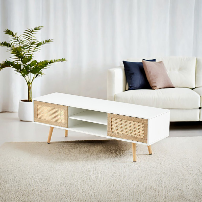 55'' W Rattan Storage Credenza Console Table, White