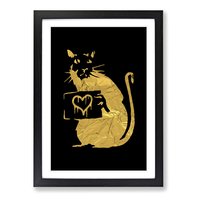 Banksy in Gold Rat with Heart - Picture Frame Graphic Art, 48cm H x 36cm W x 2cm D, Black/Gold/Cream, Black Framed
