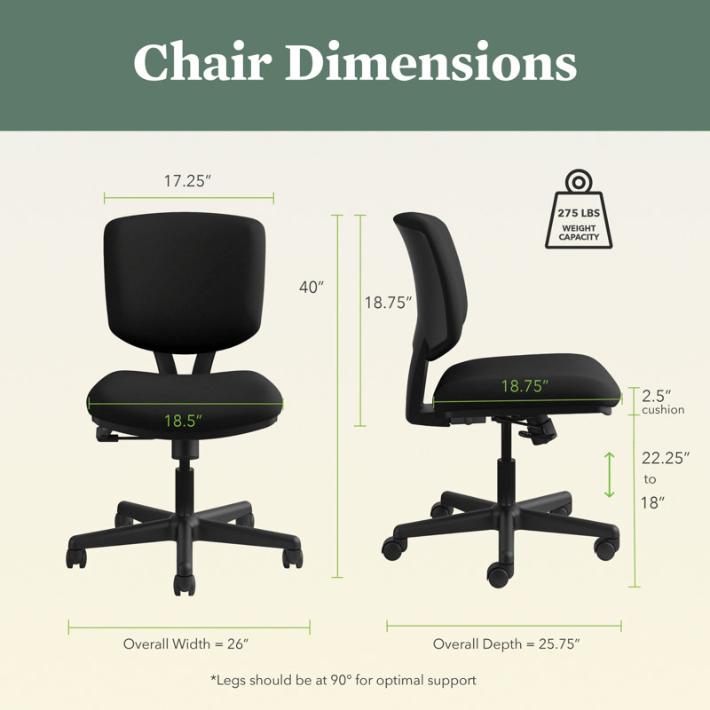 HON Volt Armless Office Chair, Fabric, Center-Tilt Recline, Black, Black, No, Center Tilt