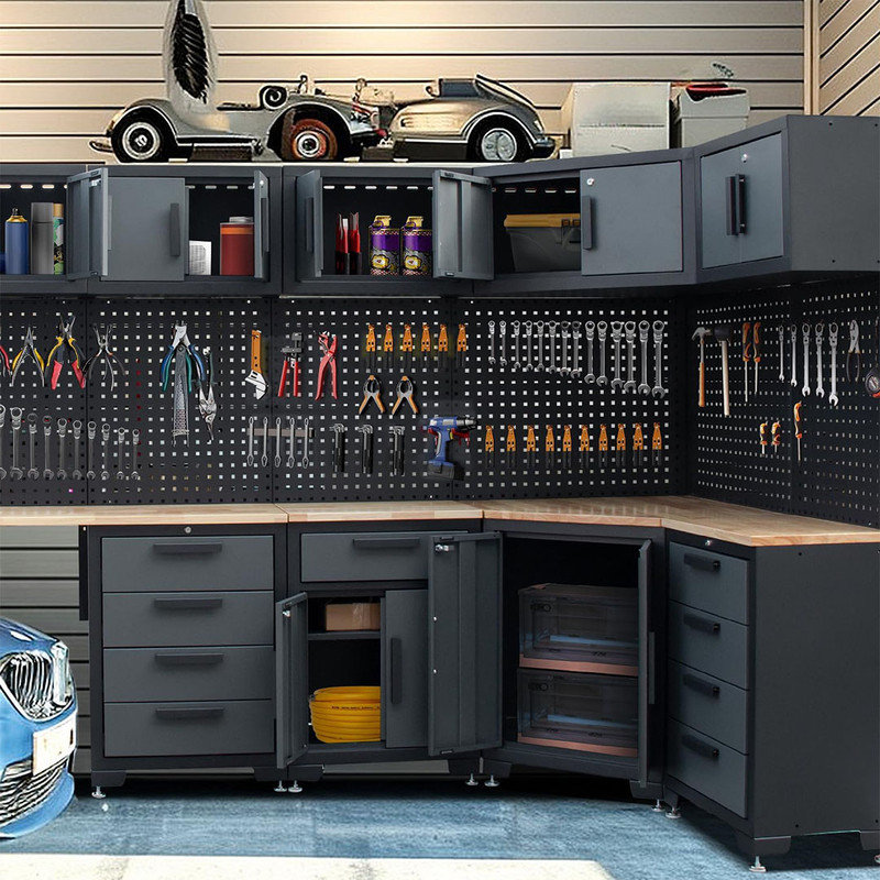 Garage Storage Cabinet, Workshop Set Garage Cabinets and Storage System with Corner Cabinet, Pegboard for Garage Tool Organization