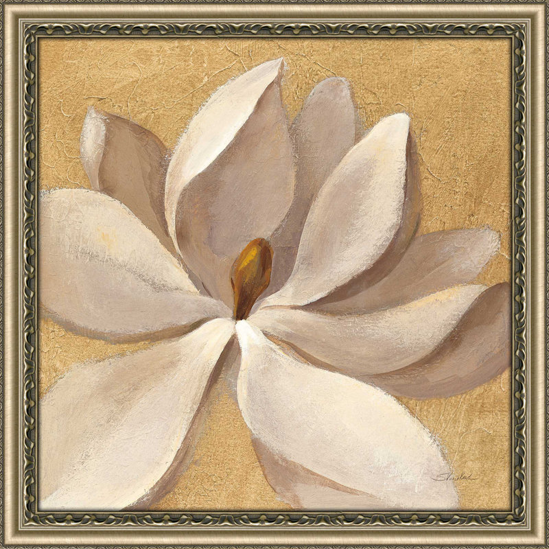 Coucher de soleil sur une fleur d'or - reproduction sur toile, H 21,5 po x l 21,5 po x P 0,75 po, Cadre antique champagne