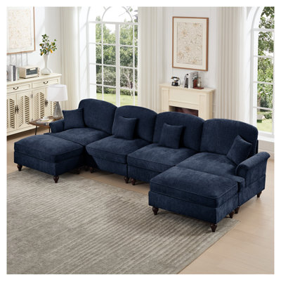 Classic Blue Chenille U-Shaped Modular Sectional Sofa with Removable Ruffled Skirt & Flared Arms