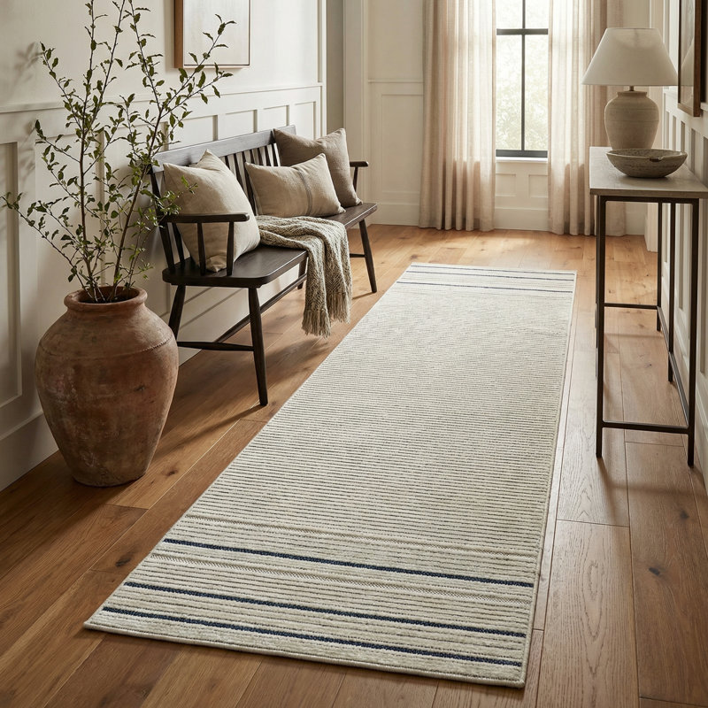 Rug Branch Maris 2' x 10' (2'2" x 10') Cream/Blue Striped Indoor Runner Rug, Contemporary, Low Pile, Stain-Resistant Hallway Carpet - Entryway, Mudroom, Bedroom, and Kitchen