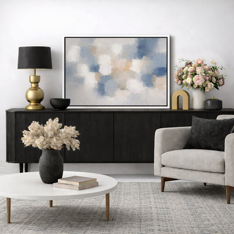 Abstrait bleu beige doux, composition de blocs, images de salon minimalistes, impression sur toile encadrée, Cadre blanc