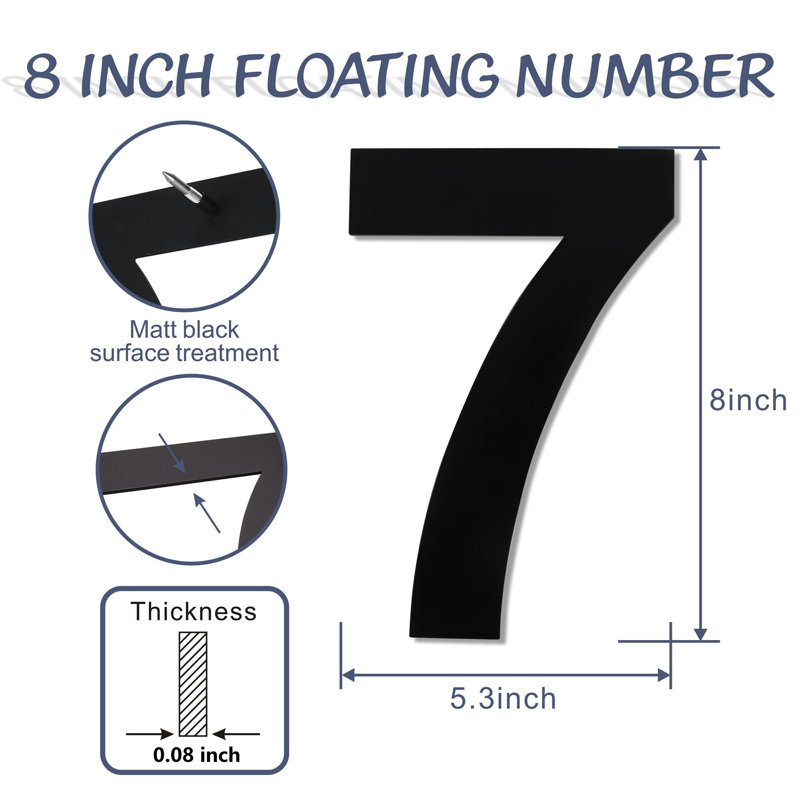 Numéro de maison à fixation flottante en acier inoxydable H 8 po, noir mat (numéro 0), 7