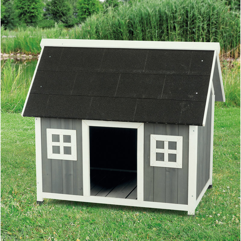 Gray and White Wooden Barn Style Dog House with Raised Floor