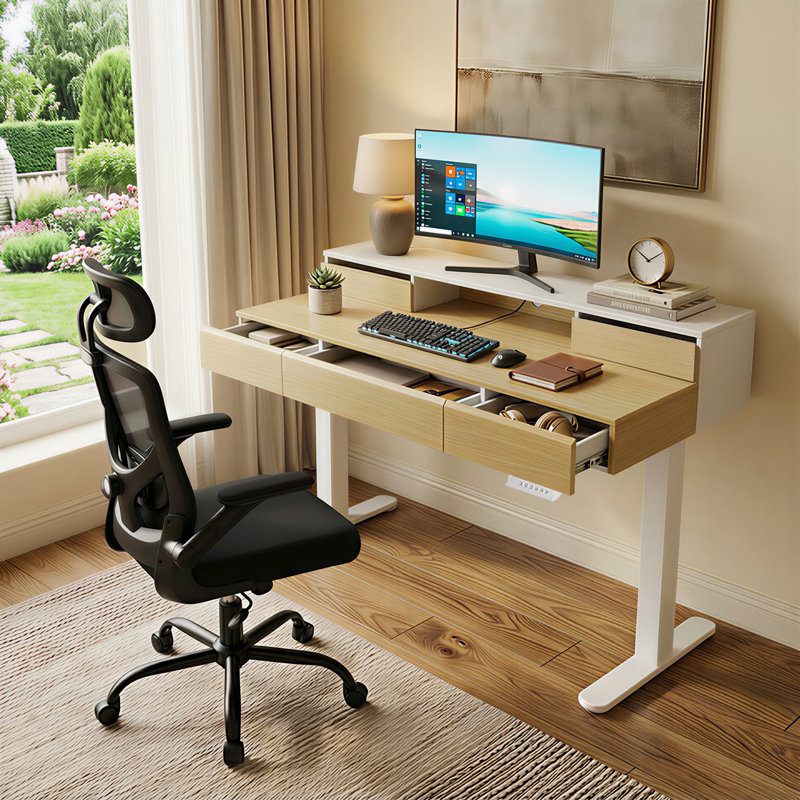 Electric Height-adjustable Desk & Chair Set, 5-drawer Height-adjustable Desk & Ergonomic Office Chair, Black/White/Beige