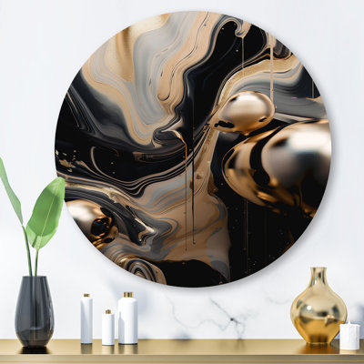 Gold Black Journey Through Marble III - Abstract Marble Round Wall Art on Metal