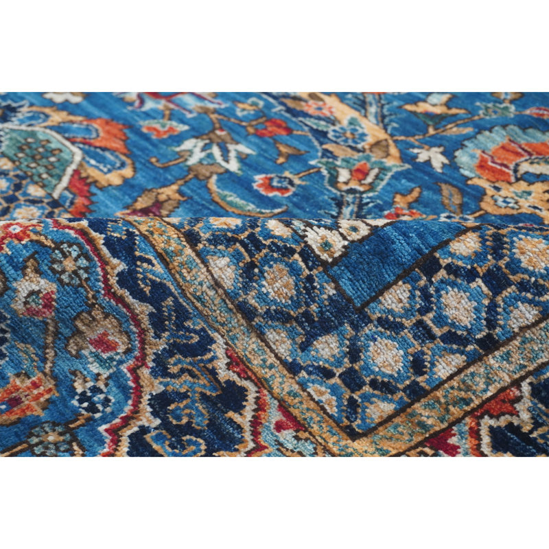 Tapis bleu et blanc noué à la main de haute qualité
