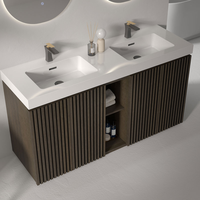 Bathroom Vanity with Solid Surface Top, 60", Single-Hole, White/Dark Brown