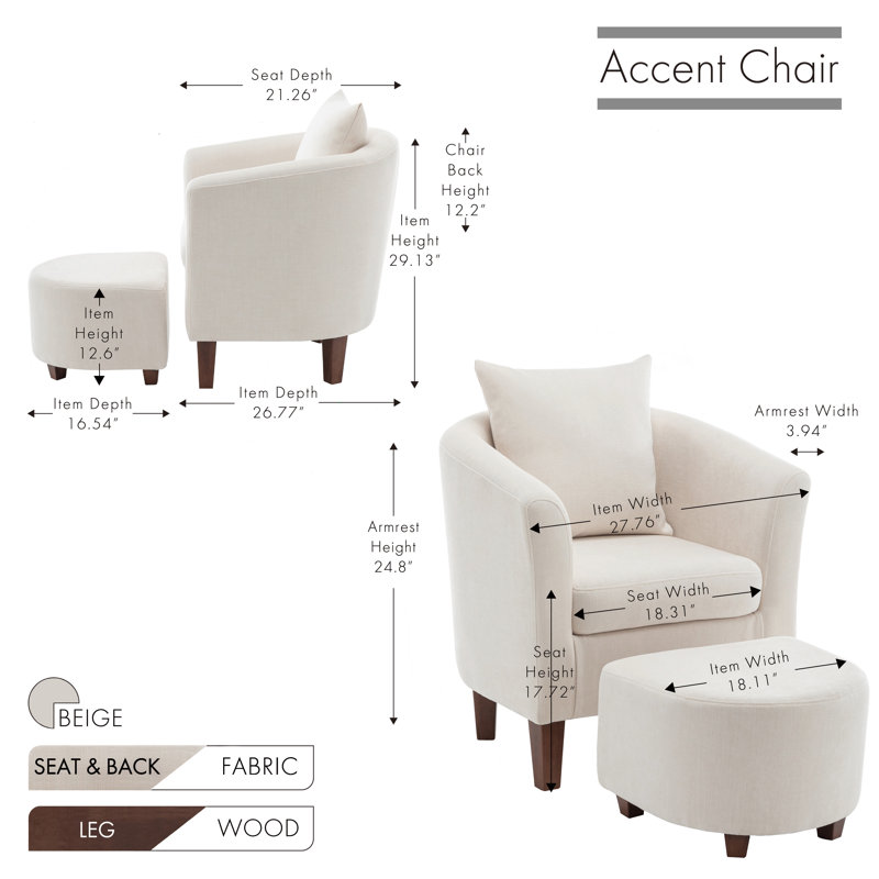 Ebern Designs Helvia Accent Chair and Ottoman Set with Wooden Legs, Kaniesha Beige Fabric
