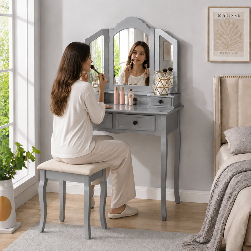 Ensemble de meuble-lavabo en bois massif 31,5 "avec miroir à 3 panneaux et tabouret, argent