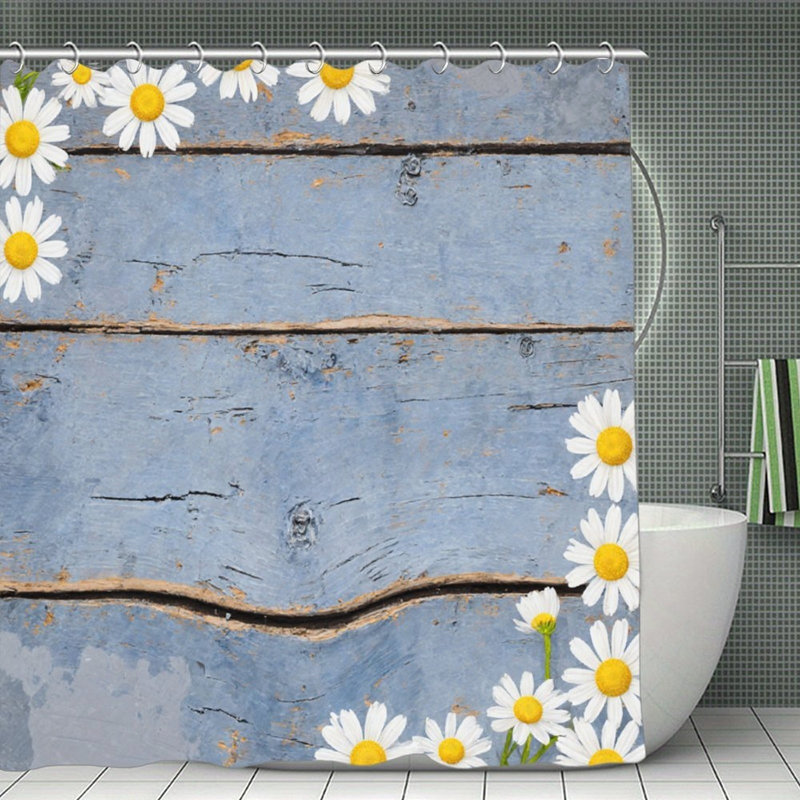 Rideaux de douche marguerite et bois patiné, 71 x 71