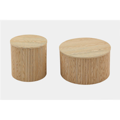 Ensemble de 2 tables basses gigognes, tables rondes en panneau de fibres à densité moyenne avec rangement intégré, tables d'appoint en grain de bois clair pour le salon et la chambre à coucher