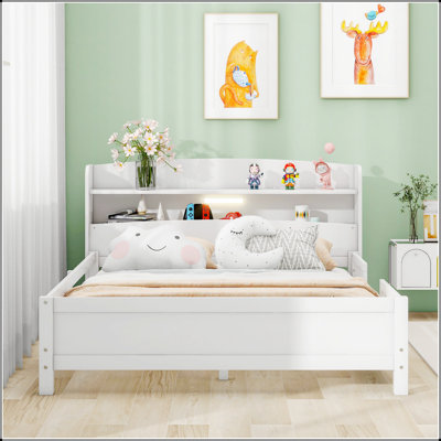 Lit plateforme en bois avec éclairage à DEL intégré, tête de lit avec rangement et barrière de sécurité pour plus de confort et de fonctionnalité