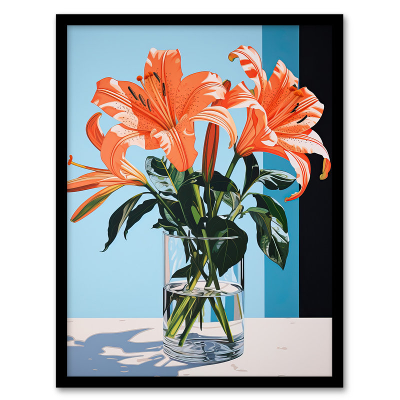 Autumn Lilies Orange Glass Vase Stylised Floral - Single Picture Frame Print