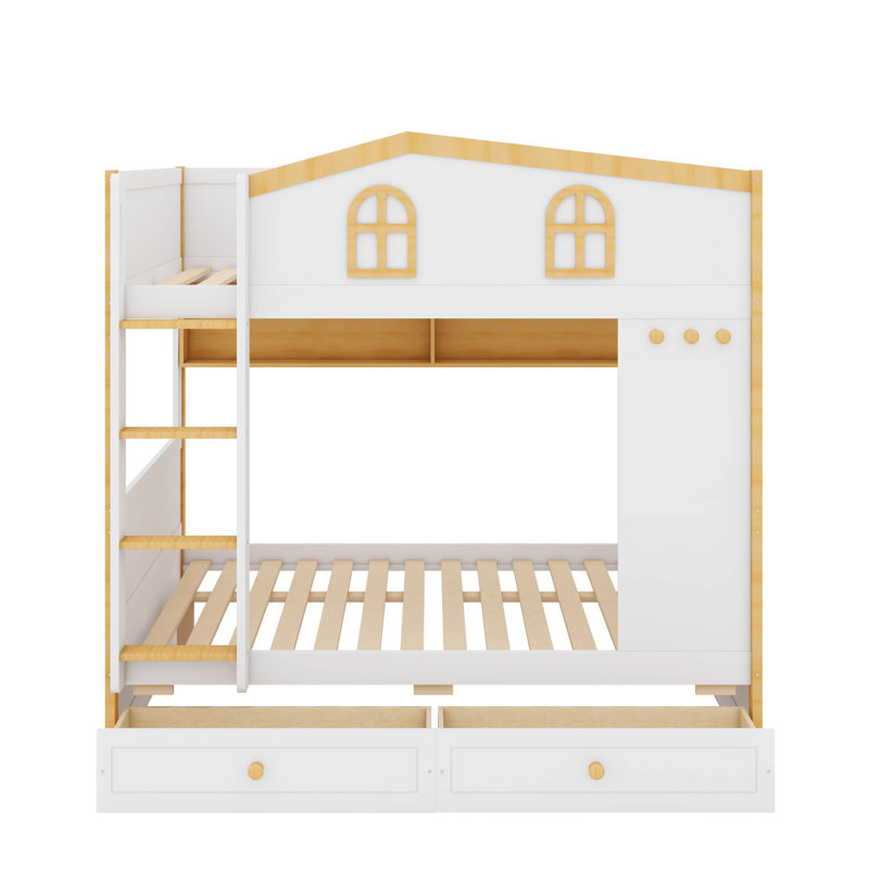 Lit superposé House avec tablettes de rangement et 2 tiroirs, lit superposé avec garde-corps en forme de maison et crochets intégrés
