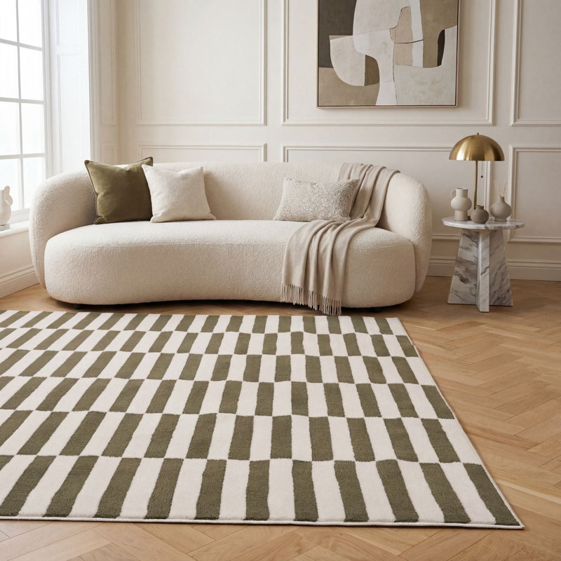 Loft Modern Striped Living Room Area Rug and Runner Soft Pile, Rectangle 200 x 290 cm, Green/Ivory