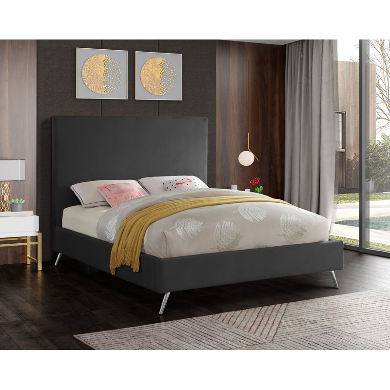 Lit plateforme tapissier Jasmine Lavaca, Double, Velours gris