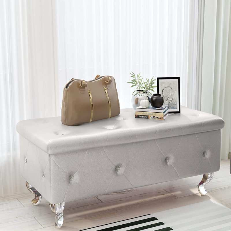 Voxto 37.4" Wide Faux Leather Tufted Rectangle Storage Ottoman, Silver Faux Leather