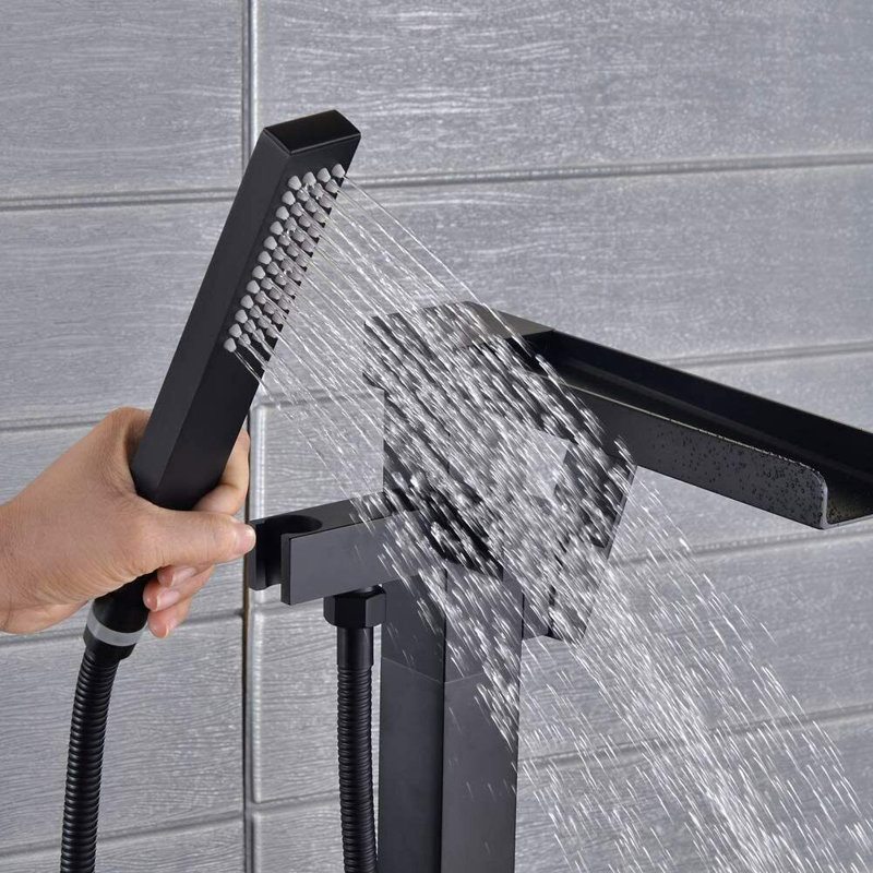 Baignoire autoportante au sol avec douche à main, Noir